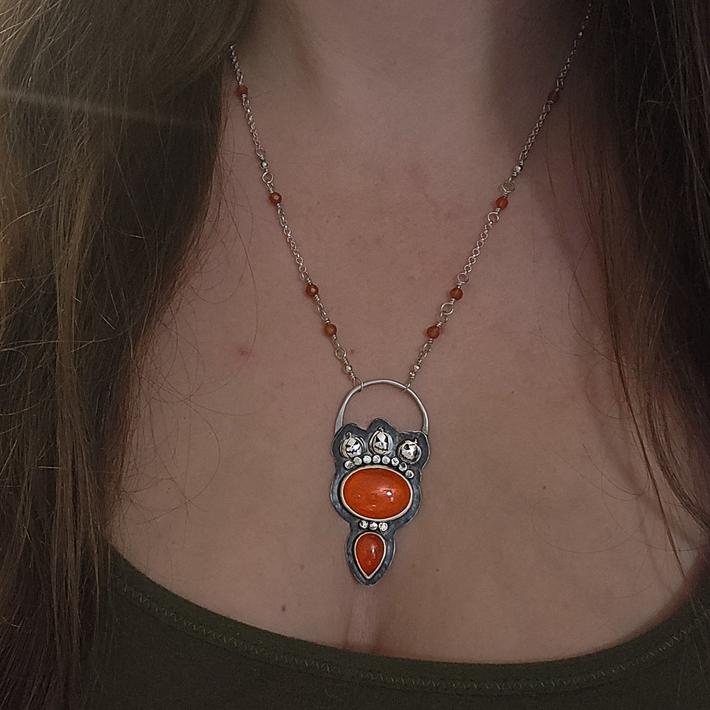 Moonlit Pumpkin Patch - Halloween Talisman Necklace with Carnelian & Sterling Silver