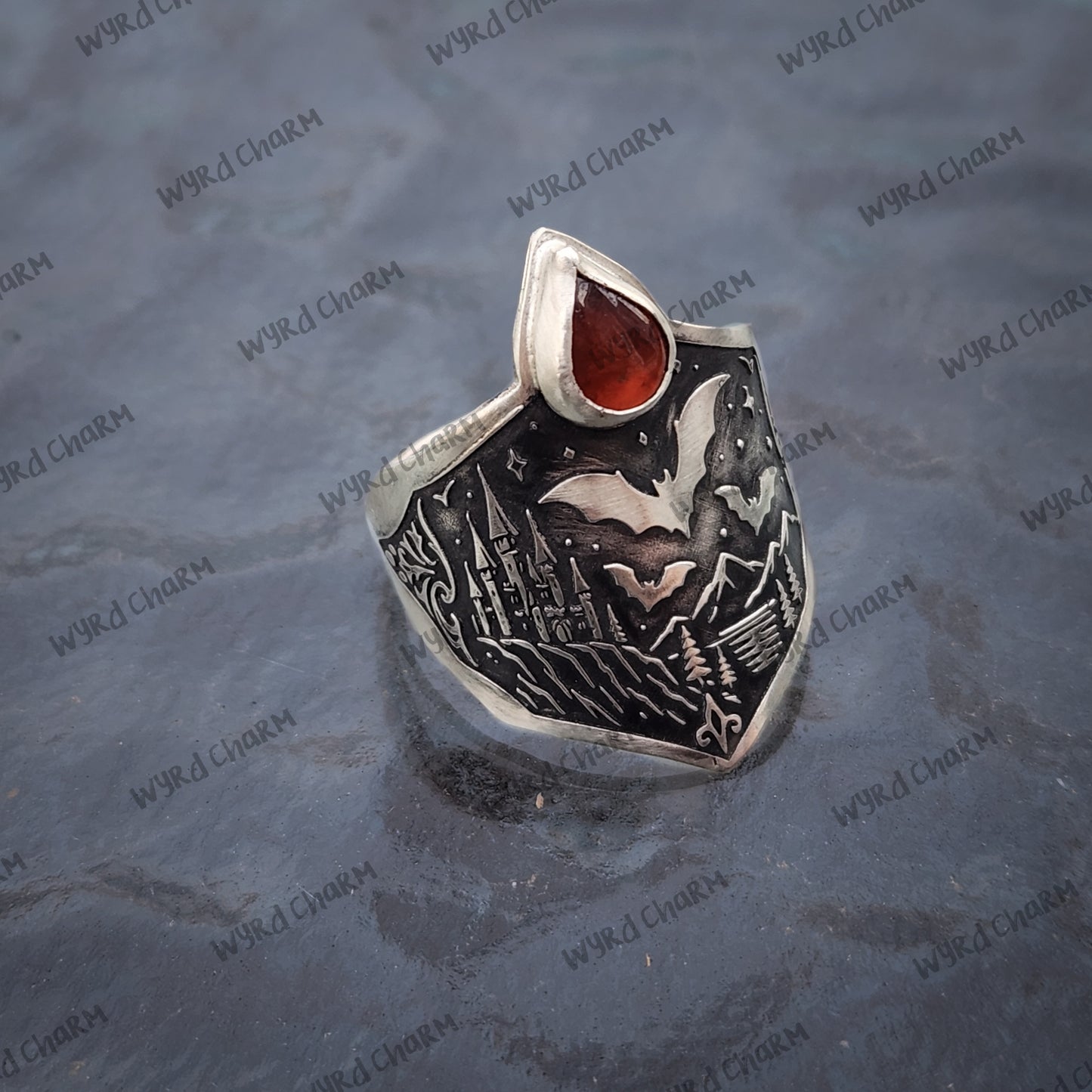 Crimson Night Bat Ring | Garnet Sterling Silver Statement Ring