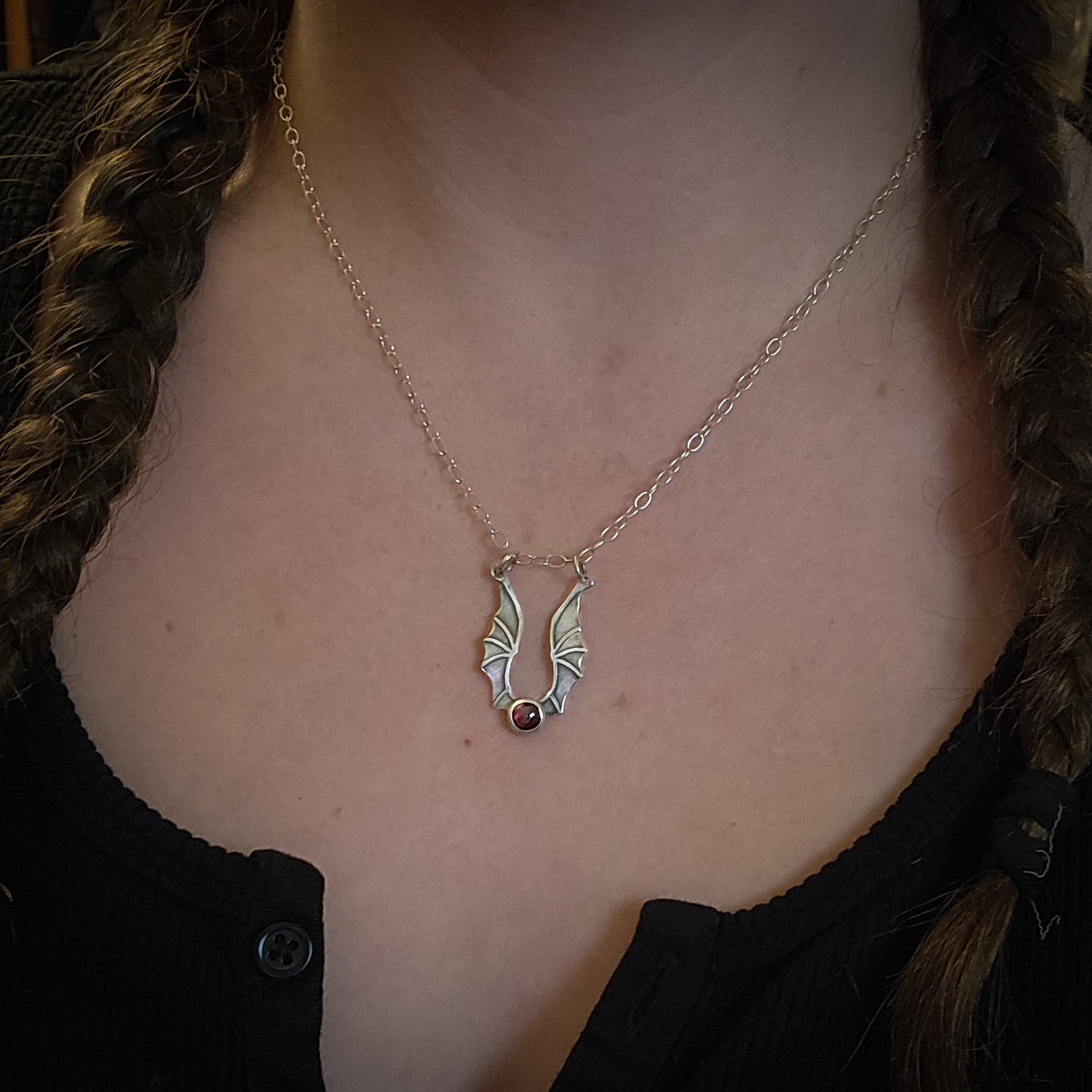 Emberwing Hatchling Pendant – Sterling Silver Mini Dragon Necklace with Garnet